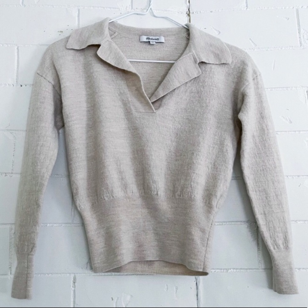 MADEWELL Polo Long Sleeve Sweater Oatmeal Tan XS